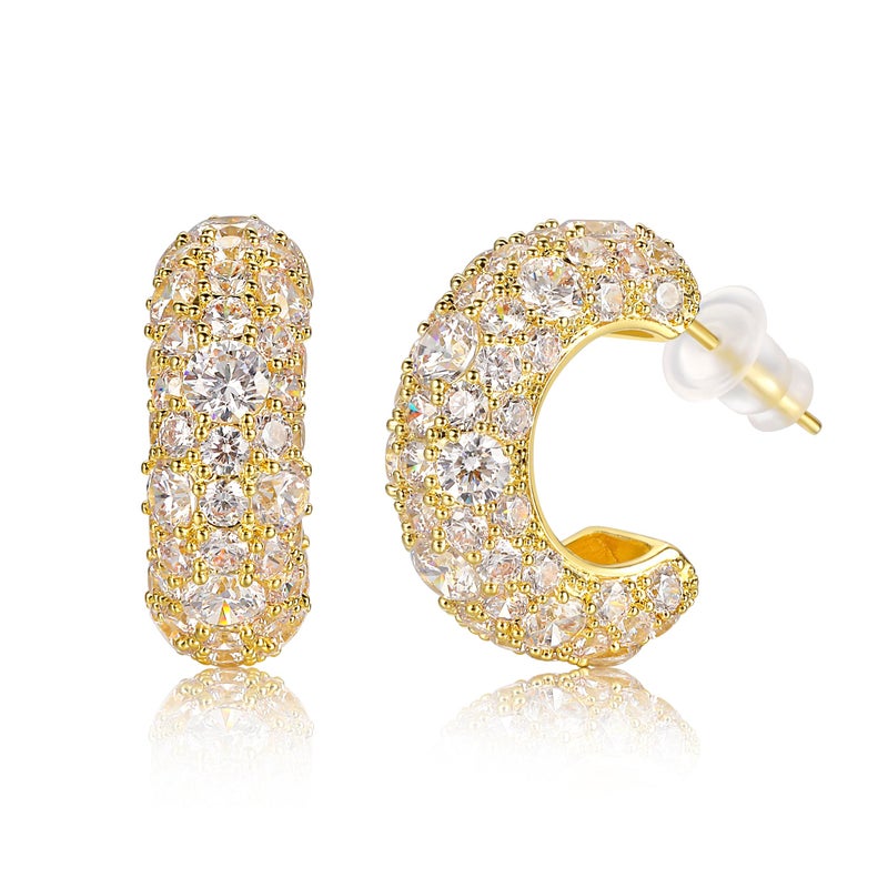Sparkling Cubic Zirconia Earrings for Women Stud Earrings Cshape Iced Out Hypoallergenic 18K Yellow Gold Gold Plated Earrings Pack of 1 Pair