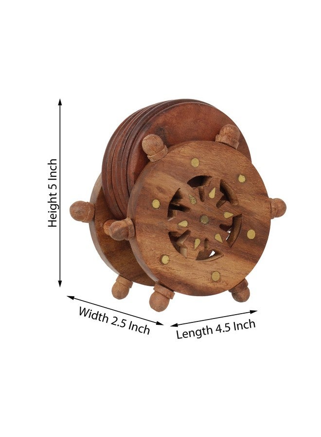 CRAFTHUT Handmade Round Wooden Tea Coaster with Holder - (Set of 6 Plate) Drink Coaster Suitable for Any Hot and Cold Drinks for Home Dining Table (Brown Color, 4.5 * 2.5 * 5 Inch) - Image 3