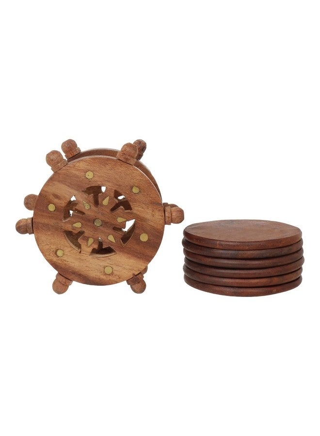 CRAFTHUT Handmade Round Wooden Tea Coaster with Holder - (Set of 6 Plate) Drink Coaster Suitable for Any Hot and Cold Drinks for Home Dining Table (Brown Color, 4.5 * 2.5 * 5 Inch) - Image 2