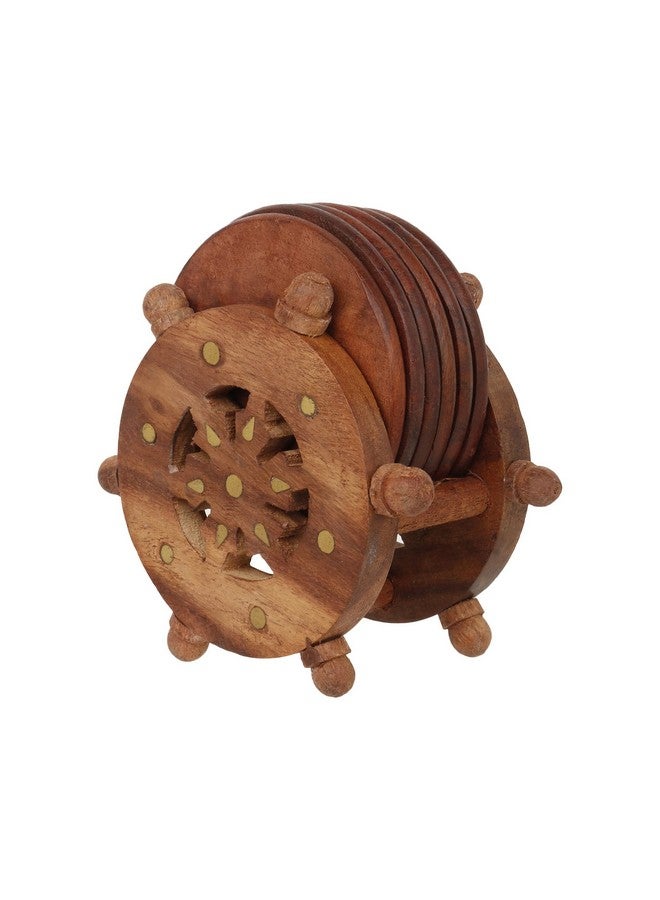 CRAFTHUT Handmade Round Wooden Tea Coaster with Holder - (Set of 6 Plate) Drink Coaster Suitable for Any Hot and Cold Drinks for Home Dining Table (Brown Color, 4.5 * 2.5 * 5 Inch) - Image 4