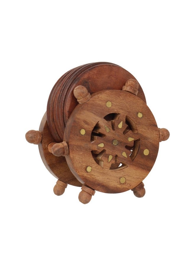 CRAFTHUT Handmade Round Wooden Tea Coaster with Holder - (Set of 6 Plate) Drink Coaster Suitable for Any Hot and Cold Drinks for Home Dining Table (Brown Color, 4.5 * 2.5 * 5 Inch) - Image 1