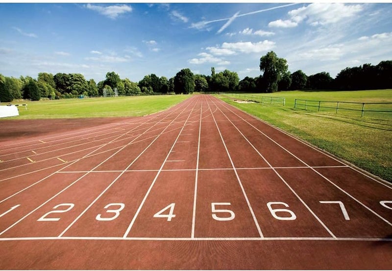 YongFoto 5x3ft Running Track Backdrop Red Runway Green Lawn Playground Background for Photography School Track and Field Athletics Decor Banner Photo Backdrop for Sports Parties - Image 2