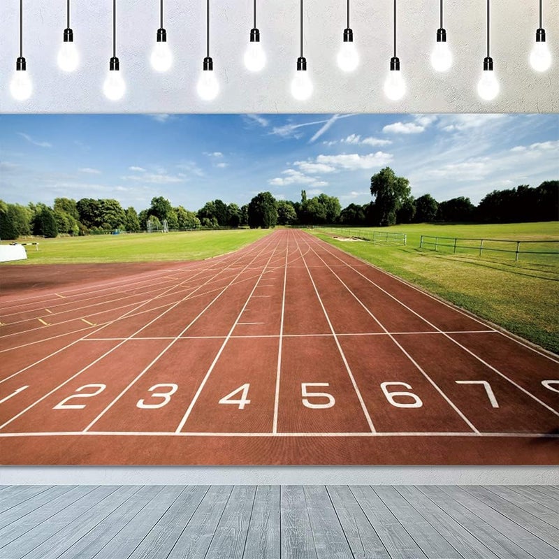 YongFoto 5x3ft Running Track Backdrop Red Runway Green Lawn Playground Background for Photography School Track and Field Athletics Decor Banner Photo Backdrop for Sports Parties - Image 1