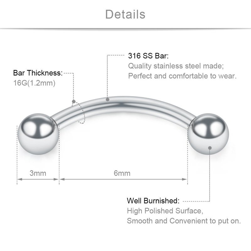 SCERRING 12PCS Stainless Steel Curved Barbell Eyebrow Tragus Helix Ear Belly Lip Ring Body Piercing Jewelry with Balls 16G 6mm - Image 2