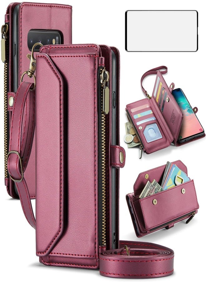 أسو ويش جراب هاتف Asuwish لهاتف سامسونج جالاكسي S10، غطاء محفظة بسحاب مع واقي شاشة من الزجاج المقوى وحامل بطاقات ائتمان/نقود قابل للطي مع خاصية حجب RFID، مناسب لـ S10 Edge و10S وGS10 وX10، لون أحمر خمري للنساء والفتيات - Image 1