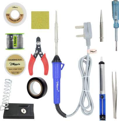 Hillgrove 12in1 Complete 25W Soldering Iron Kit with 5 Meter Solder Wire, Scrub, Pump, Cutter, Tester, Tweezer, Tape, Bit, Simple (Flat, Pointed Tip) - Image 1