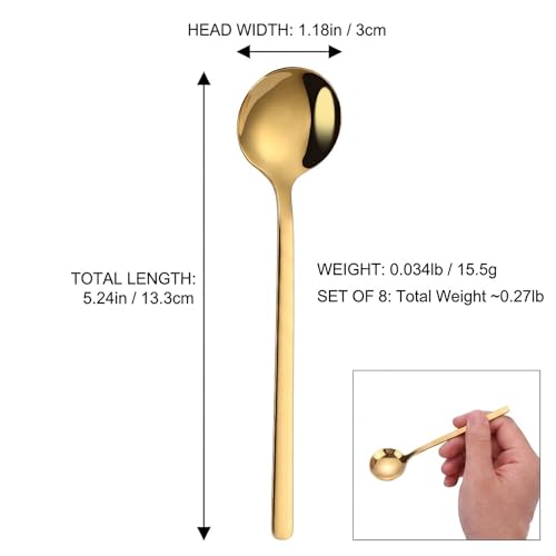 Mafier 8-Piece Gold Coffee Spoons Set, 5.24-inch Small Stainless Steel Dessert Spoons, Food Grade SUS 304 Tea Spoons with Long Handle, Mirror Polished Stirring Spoons for Espresso, Dessert, Cake - Image 2