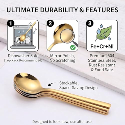 Mafier 8-Piece Gold Coffee Spoons Set, 5.24-inch Small Stainless Steel Dessert Spoons, Food Grade SUS 304 Tea Spoons with Long Handle, Mirror Polished Stirring Spoons for Espresso, Dessert, Cake - Image 4