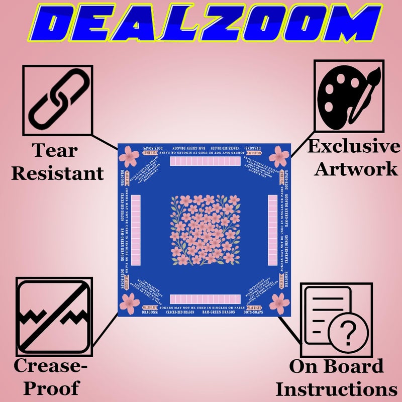 DEALZOOM American Mahjong Mat with Rules Printed (33x33, 2.5mm Thick, Cherry Blossom Blue) Mahjong Mat for Table w/Bag, Crease-Proof Waterproof Non-Slip, Soft Mahjong Table Mat, Noise Reduction - Image 3