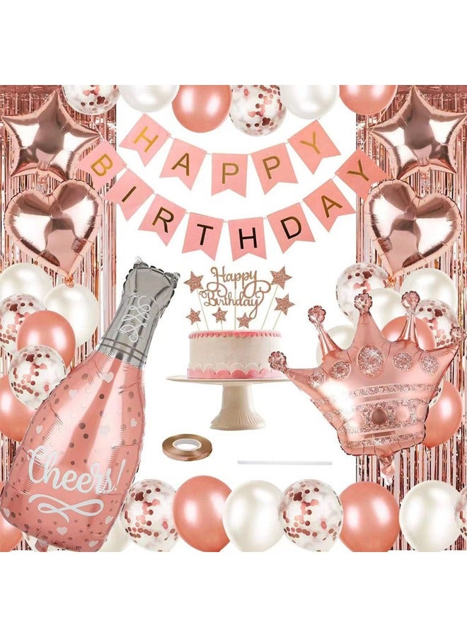 Zeemey Champagne Gold Birthday Party Decoration Balloon Arch Garland Set with Happy Birthday Banner, Foil Balloon, Fringe Curtain and Ribbon - Image 1