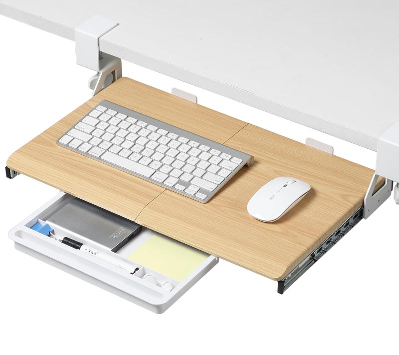 ETHU Keyboard Tray Under Desk, 19.7" X 12.2" Small Size C Clamp Keyboard Drawer Under Desk, Computer Keyboard Stand Slide Pull Out, Ergonomic Keyboard Tray for Home, Office (Oak) - Image 1