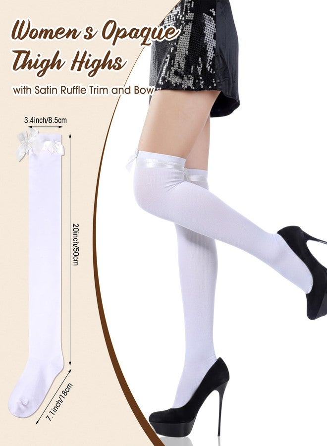 سايهوود جوارب نسائية من الساتان المكشكش فوق الركبة من سيهود، زوجان، جوارب طويلة تصل إلى الفخذ مع حواف مكشكشة من الساتان وفيونكة (أبيض) - Image 2