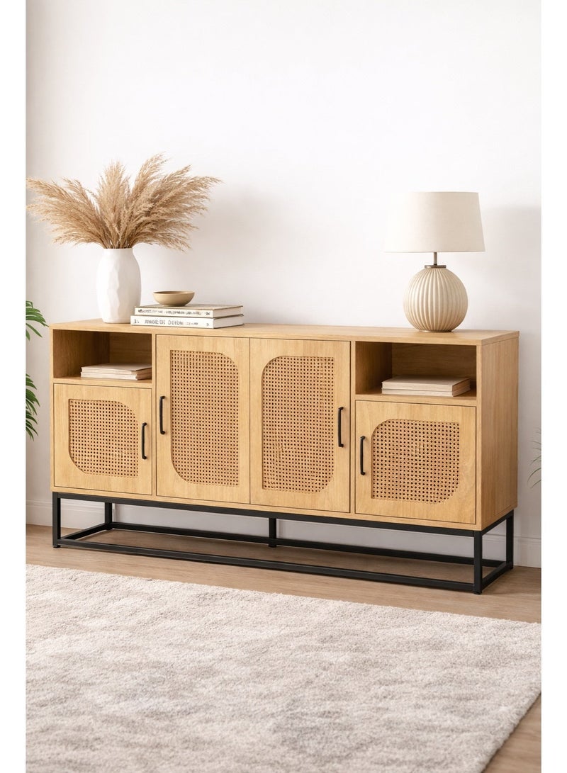 ayamalbaraka Wooden Buffet Cabinet 180x40x80 cm with Rattan Style Doors and Open Shelves – Beige Sideboard Storage Unit for Dining Room - Image 1