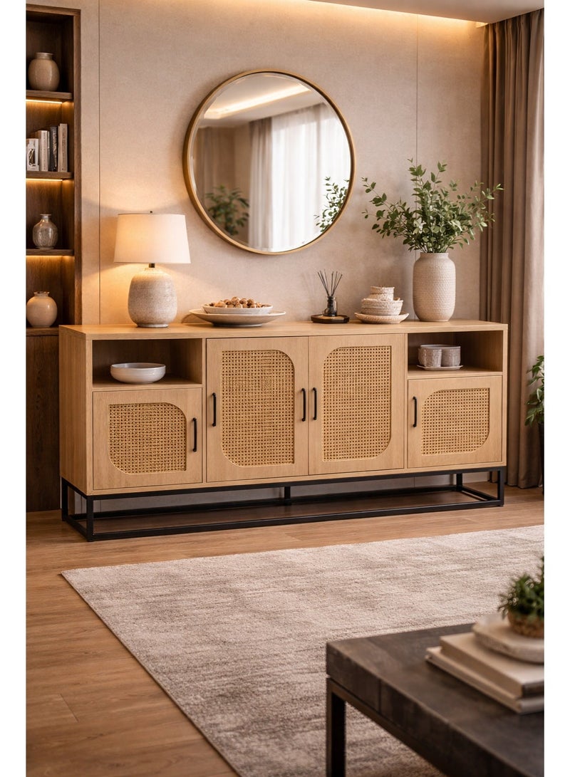 ayamalbaraka Wooden Buffet Cabinet 180x40x80 cm with Rattan Style Doors and Open Shelves – Beige Sideboard Storage Unit for Dining Room - Image 2