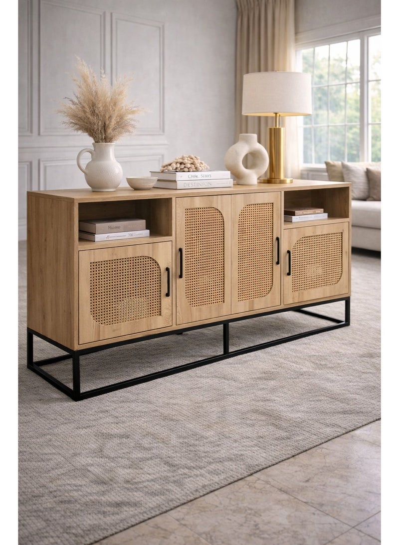 ayamalbaraka Wooden Buffet Cabinet 180x40x80 cm with Rattan Style Doors and Open Shelves – Beige Sideboard Storage Unit for Dining Room - Image 3