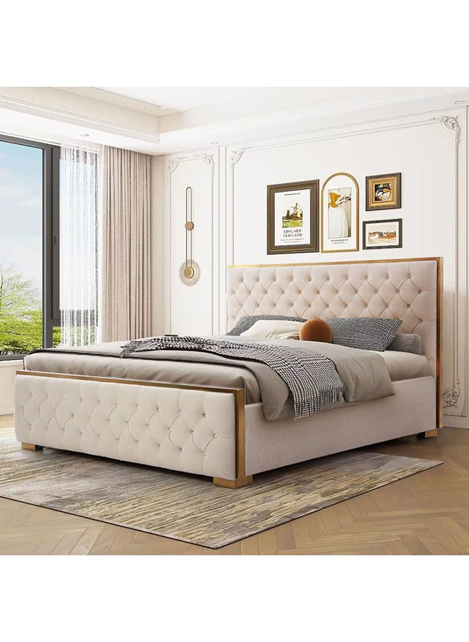 DANUBE HOME - Danube Home Hanford King Bed Sturdy Modern Design Wooden Double Bed Frame Furniture L 198 x W 220 x H 123 cm Ivory - Image 1