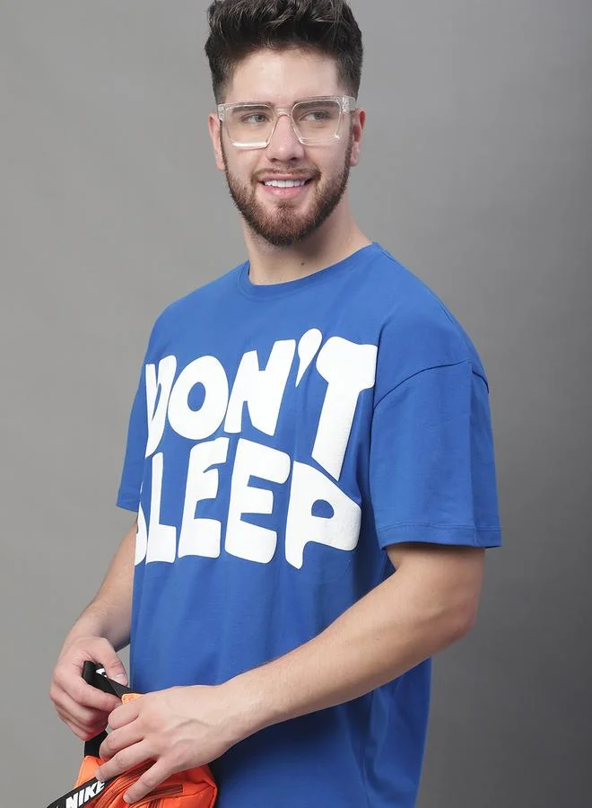 تايك تو تيشيرت رجالي أزرق بطبعة جرافيك واسع من دور