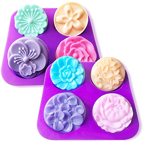 Silicone Soap Molds 2Pcs Flower Homemade DIY Silicone Soap Mold Cupcake Baking Mold Muffin Pan 4 Cavity Soap Making Mold Supplies