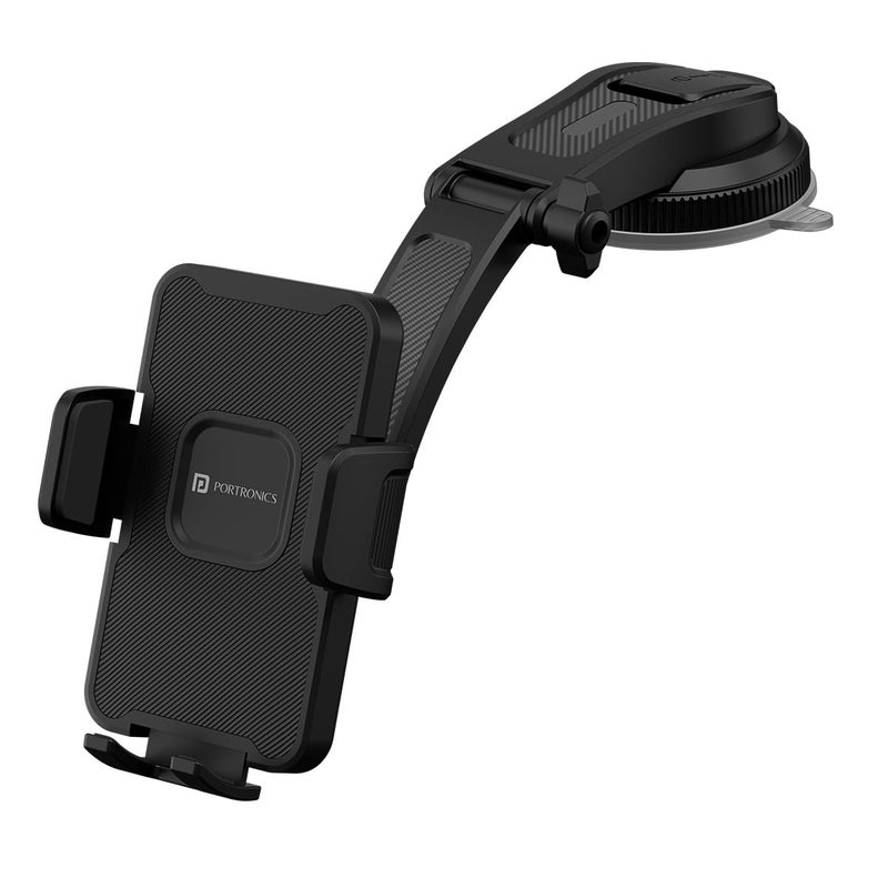 Portronics Clamp M5 Car Phone Holder Stand with Grip Rotation, Strong Hold, Suction Cup Mount, Single Hand Use, Shockproof Build, Mobile Stand for Car (Black) - Image 1