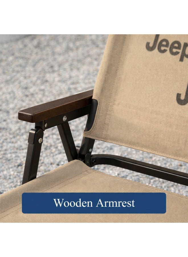 جيب كرسي تخييم قابل للطي شديد التحمل من جيب دبل أوكسفورد - كرسي محمول قابل للطي للاستخدام الخارجي/الشاطئ/النزهات مع مسند ذراع خشبي - بيج وأخضر عسكري - Image 2