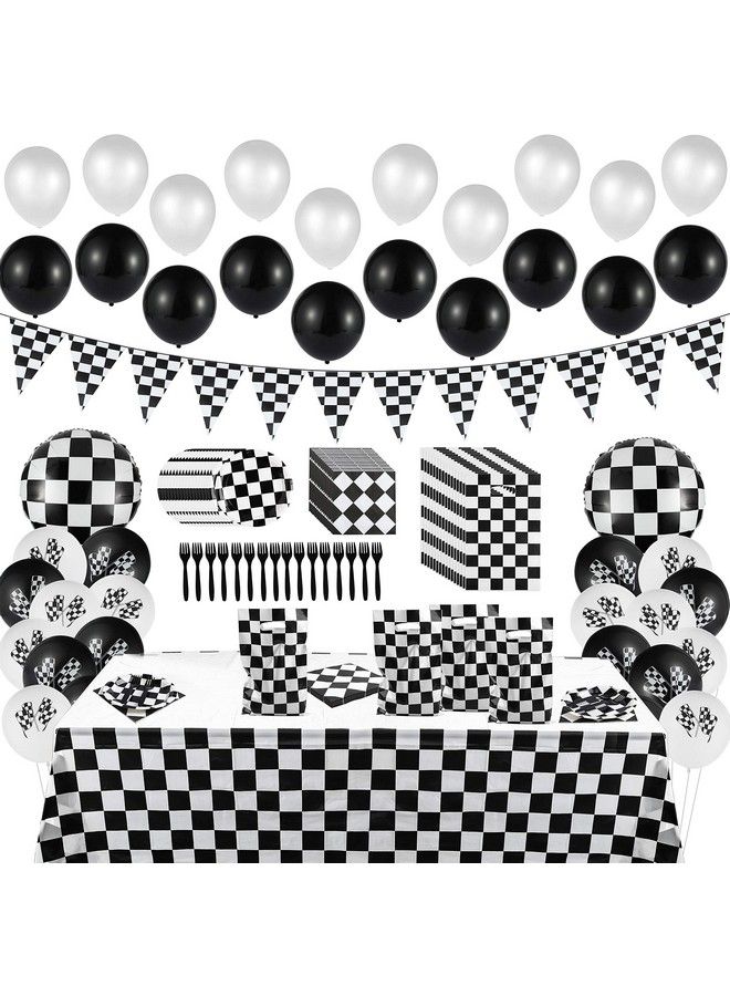 BeYumi 127Pack Race Car Checkered Party Supplies Decoration Kit Including Banner Pennant Balloons Tablecloth Tableware Goodies Gift Bags Black And White Party Decorations Pack Serves 20 Guests - Image 2