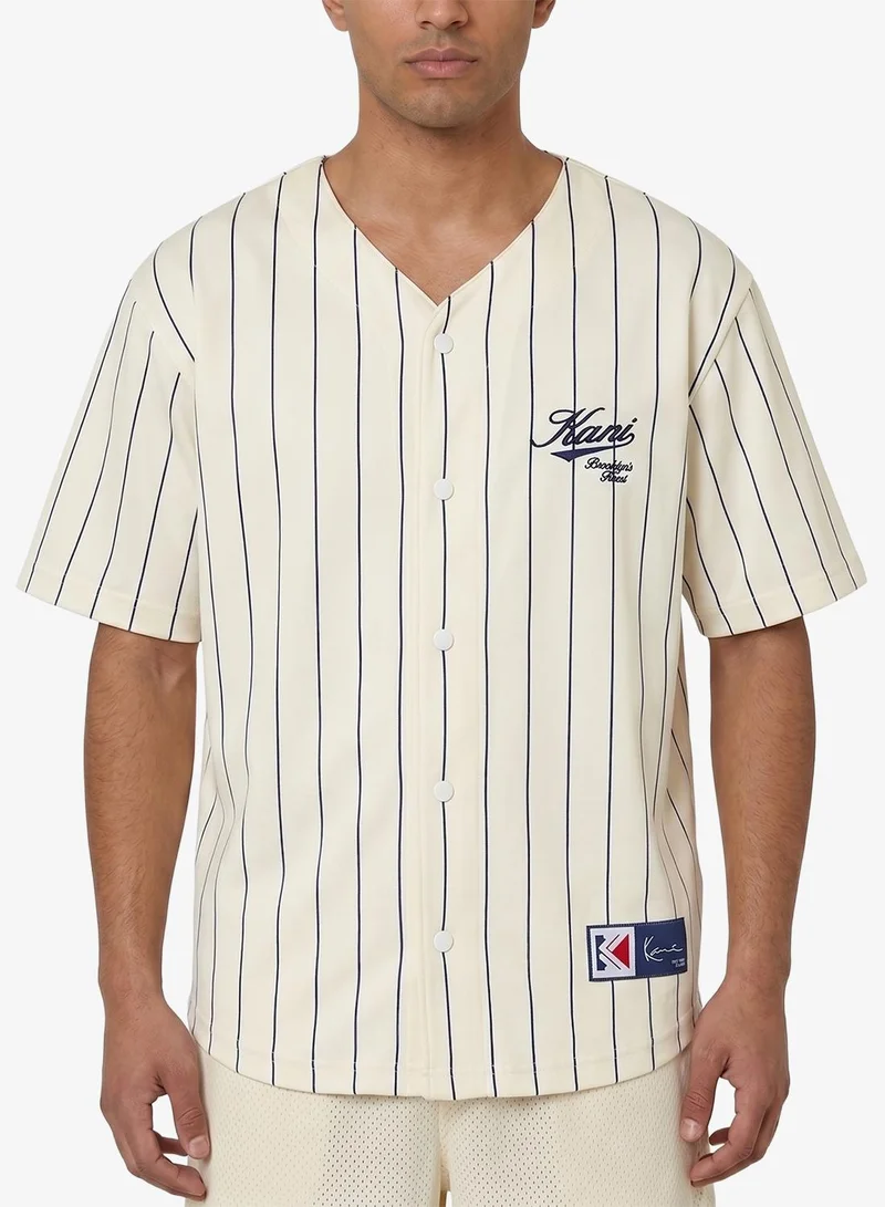 Karl Kani  Cursive Varsity Pinstripe Cropped Baseball for Men | Best Price UAE