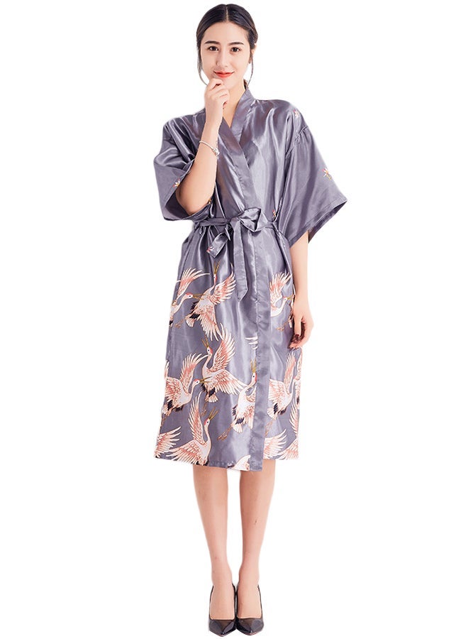 Joychic Self-Tie Waist Printed Night Robe Grey - Image 4