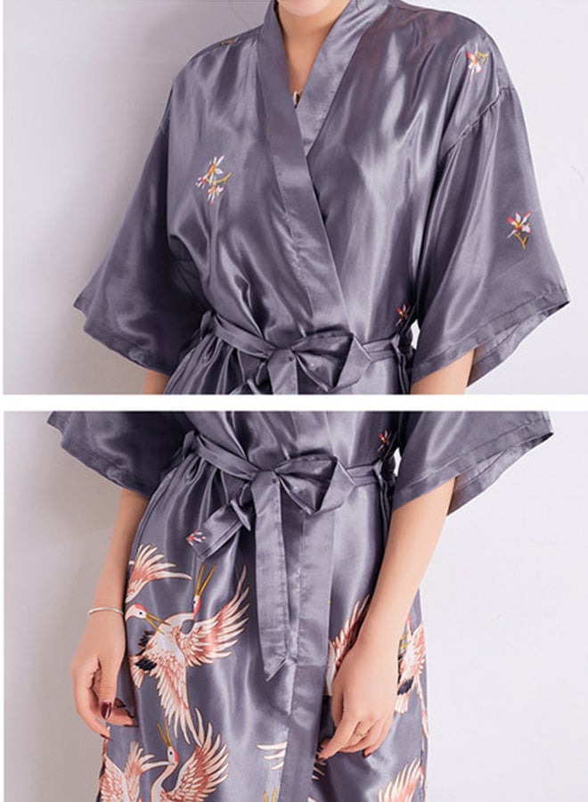 Joychic Self-Tie Waist Printed Night Robe Grey - Image 5