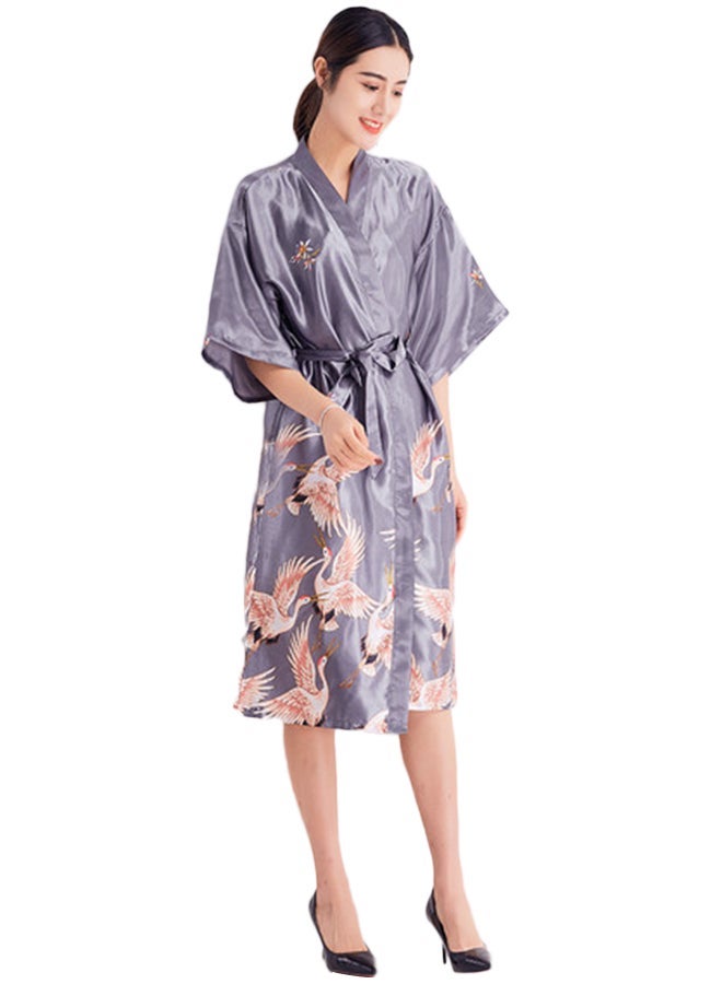 Joychic Self-Tie Waist Printed Night Robe Grey - Image 3