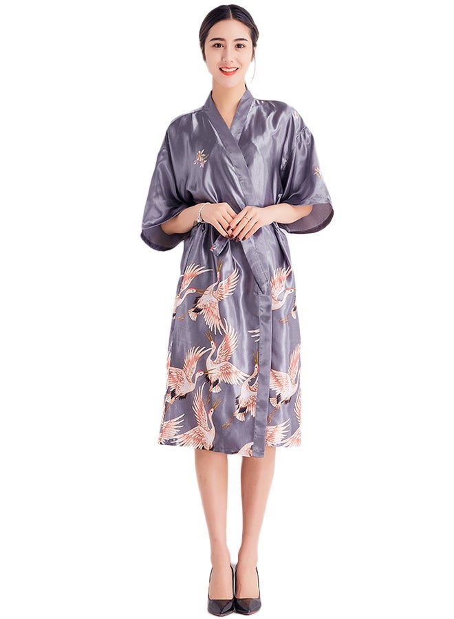 Joychic Self-Tie Waist Printed Night Robe Grey - Image 1