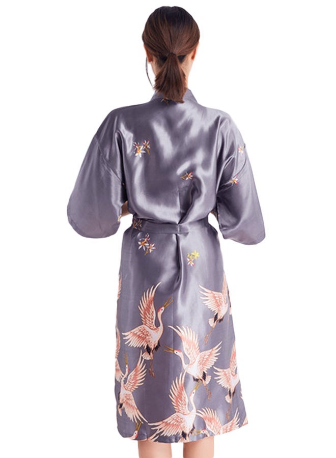 Joychic Self-Tie Waist Printed Night Robe Grey - Image 2