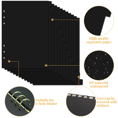 Koqye A5 12-Tab 6-Ring Binder Dividers Set with Gold Stickers, Black Plastic Index Tabs Separators for Planner (12Tabs) - Image 2