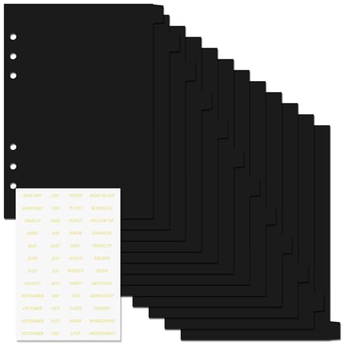 Koqye A5 12-Tab 6-Ring Binder Dividers Set with Gold Stickers, Black Plastic Index Tabs Separators for Planner (12Tabs) - Image 1