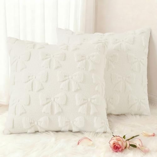 decorUhome Cream White Bow Pillow Covers Set of 2 Coquette Aesthetic Cute Preppy Plush Faux Pillowcases for Girly Bedroom or Couch 18x18 Inch - Image 1