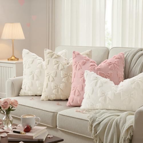 decorUhome Cream White Bow Pillow Covers Set of 2 Coquette Aesthetic Cute Preppy Plush Faux Pillowcases for Girly Bedroom or Couch 18x18 Inch - Image 3