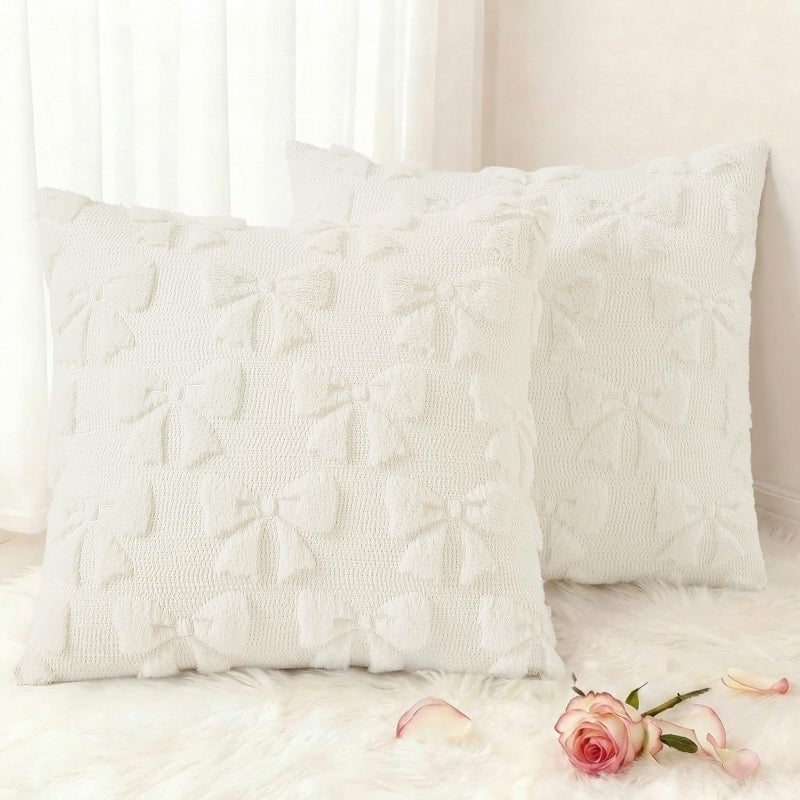decorUhome Cream White Bow Pillow Covers Set of 2 Coquette Aesthetic Cute Preppy Plush Faux Pillowcases for Girly Bedroom or Couch 18x18 Inch - Image 2