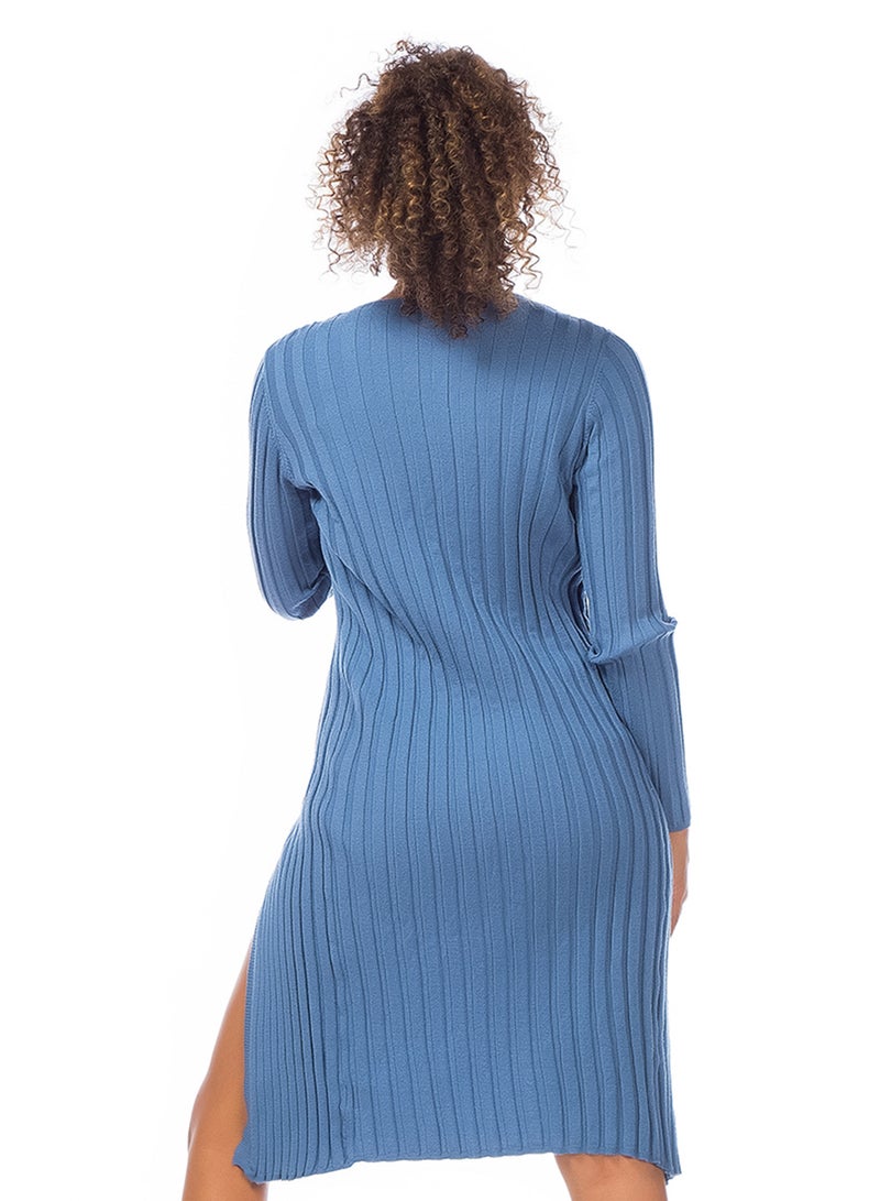 London Rag Rib Knit Wrap Shrug in Denim Blue - Image 4