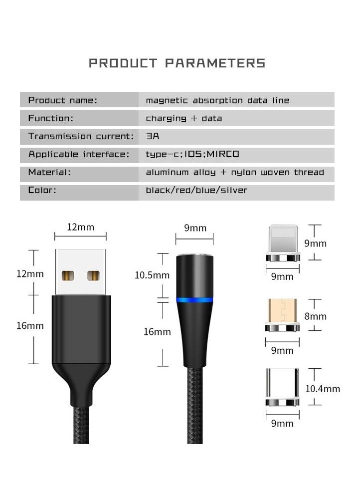 Generic - 3 in 1 Magnetic Charging Cable 3A Fast Charging Compatible with Micro USB Type C and Lightning - Image 1