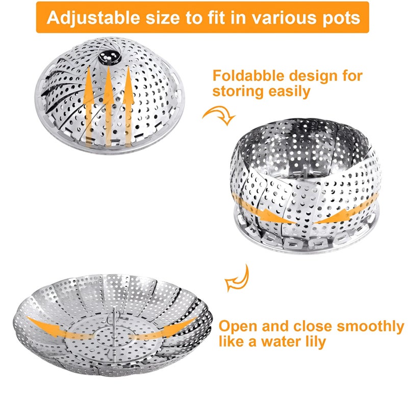 Expandable Steamer - Multi-Purpose Stainless Steel Basket Perfect for Vegetables, Eggs, Dumplings, and Seafood, Folds Flat for Storage and Promotes Nutritious Cooking (3pcs) - Image 4