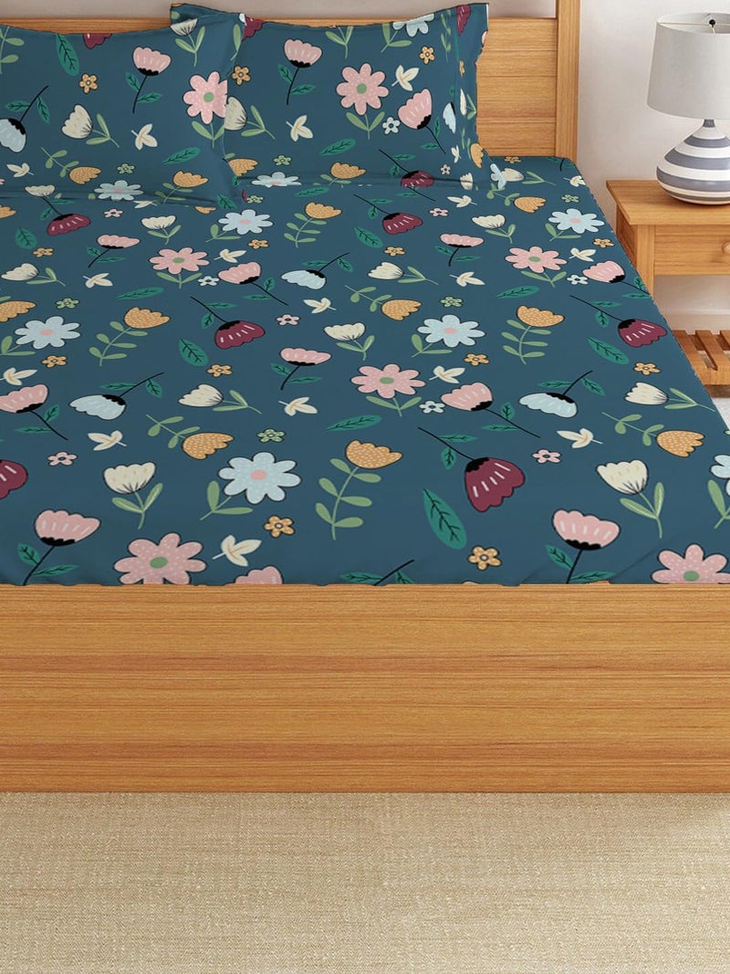 LOOMLYFE 300 TC Cotton Feel Glace Cotton Elastic Fitted Printed Queen Size Double Bed Bedsheet with 2 Pillow Covers Fits Upto 8 inches,Size- 60x78x10 Inches, Bluemultiflower - Image 3