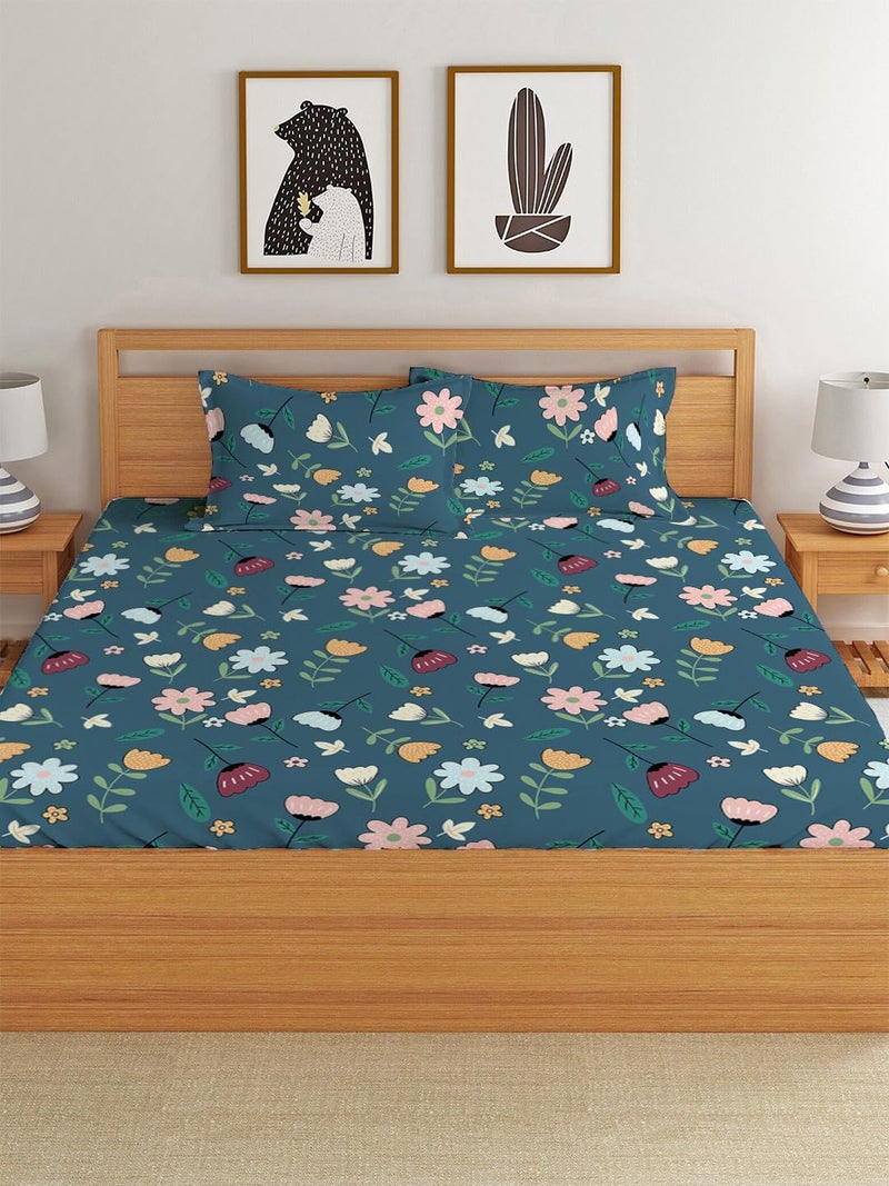 LOOMLYFE 300 TC Cotton Feel Glace Cotton Elastic Fitted Printed Queen Size Double Bed Bedsheet with 2 Pillow Covers Fits Upto 8 inches,Size- 60x78x10 Inches, Bluemultiflower - Image 2