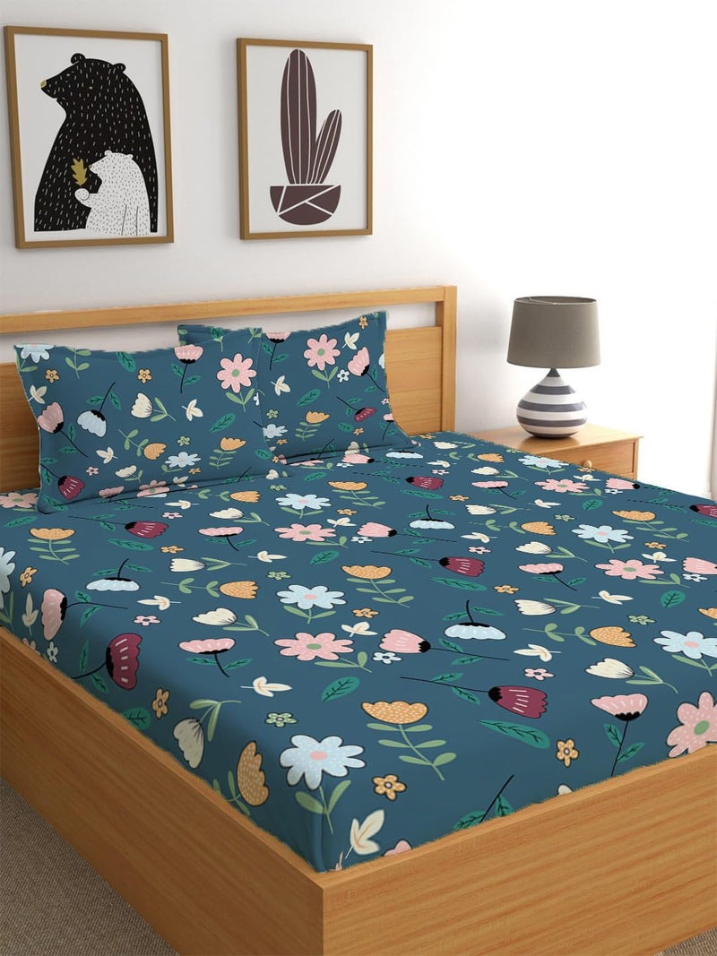 LOOMLYFE 300 TC Cotton Feel Glace Cotton Elastic Fitted Printed Queen Size Double Bed Bedsheet with 2 Pillow Covers Fits Upto 8 inches,Size- 60x78x10 Inches, Bluemultiflower - Image 1