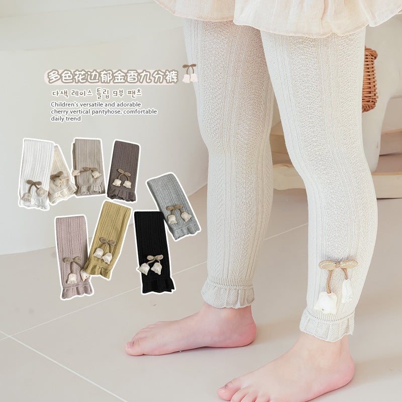 Girls' Thin Leggings Outer Wear Children'S Cotton Vertical Strip Multicolor Lace Tulip Cropped Pants - Image 4