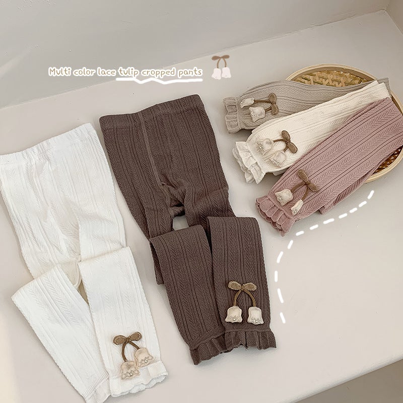 Girls' Thin Leggings Outer Wear Children'S Cotton Vertical Strip Multicolor Lace Tulip Cropped Pants - Image 2