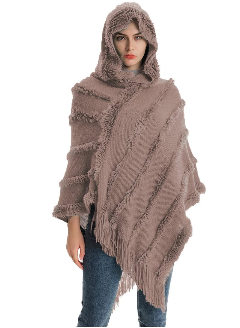 SYOSI Ladies Hooded Poncho with Fringed Hem Crochet Cape for Autumn Winter, Solid Knitting Shawl Wrap Poncho Fringe Sweater Coats - Image 2