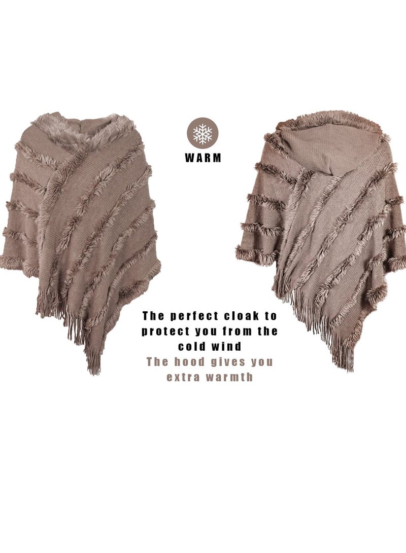 SYOSI Ladies Hooded Poncho with Fringed Hem Crochet Cape for Autumn Winter, Solid Knitting Shawl Wrap Poncho Fringe Sweater Coats - Image 4