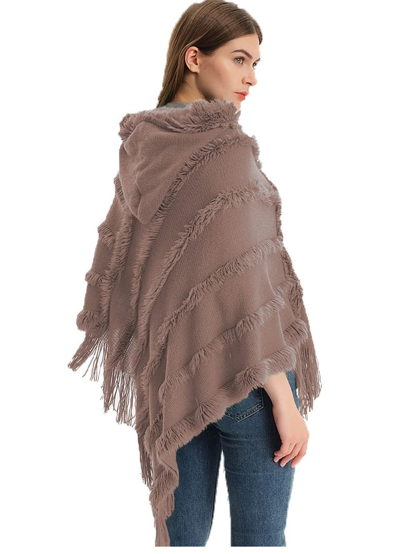 SYOSI Ladies Hooded Poncho with Fringed Hem Crochet Cape for Autumn Winter, Solid Knitting Shawl Wrap Poncho Fringe Sweater Coats - Image 3