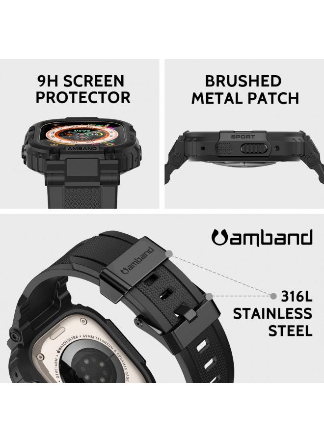 amBand Bands Case Screen Protector Compatible with Apple Watch Ultra 2/1 49mm for Men, M1 Sport Series Rugged Cover Strap and 9H Tempered Glass, Military Protective Bumper for iWatch 49 mm Men Black - Image 2