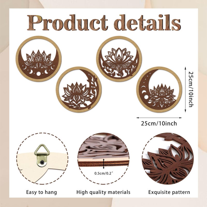 TOARTi 4PCS Buddha Brown Lotus Wooden Wall Art Vintage Mandala Lotus Wall Decor for Living Room Office Bathroom Artwork Indian Mandala Flower Hanging Plaque Abstract Mandala Wood Sign for Yoga Room - Image 2