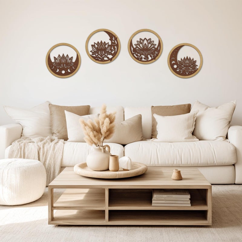 TOARTi 4PCS Buddha Brown Lotus Wooden Wall Art Vintage Mandala Lotus Wall Decor for Living Room Office Bathroom Artwork Indian Mandala Flower Hanging Plaque Abstract Mandala Wood Sign for Yoga Room - Image 3